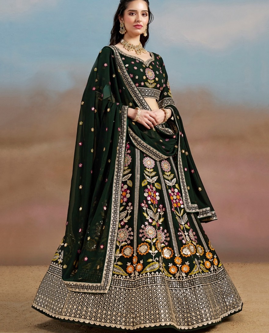 6008-GREEN - Stunning Green Thread Work Georgette Engagement Wear Lehenga With Blouse